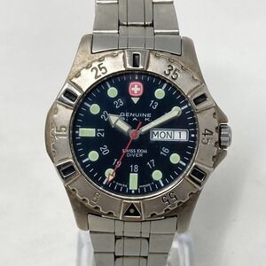 Wenger SAK Watch Men 39mm Day Date Military Black Dial Swiss New Battery 8.25"